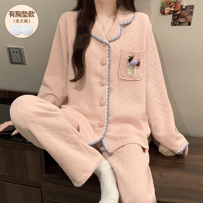 睡衣女款秋冬季长袖空气棉夹层