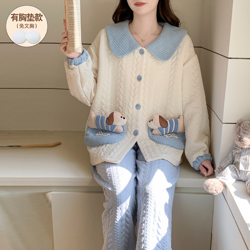 带胸垫睡衣女款秋冬季空气棉夹层