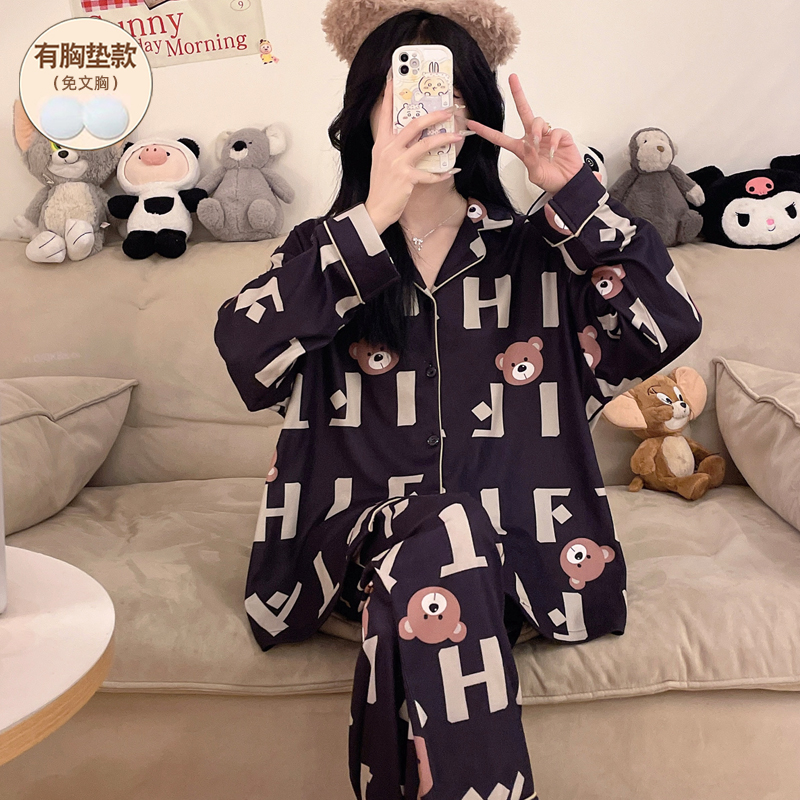 德绒秋冬季睡衣女款加厚带胸垫