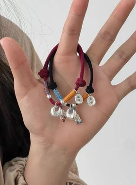 复古风银色坨坨盘缠小胖福袋红绳手链编绳手绳情侣男女生礼物