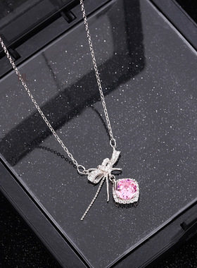 小众轻奢粉色蝴蝶结锆石锁骨链