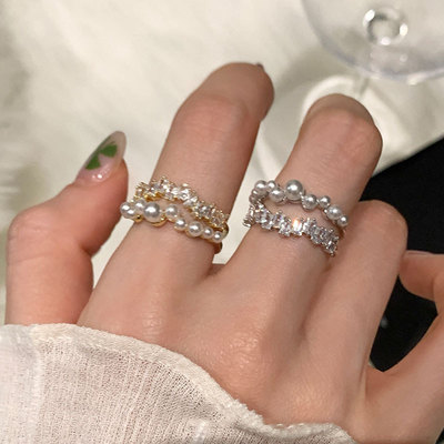 锆石珍珠双层开口戒指女轻奢复古显白精致时尚百搭指环情侣高级感