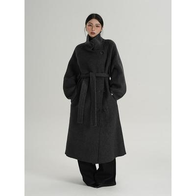 SRYS AME高级感气质立领灰色长款大衣羊毛双面呢子外套冬季新款女