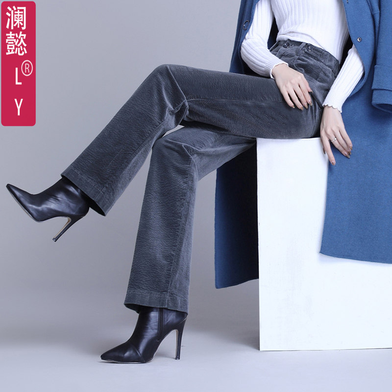 灯芯绒裤秋冬厚加绒阔腿裤女长裤宽松紧腰围休闲直筒裤条绒女裤