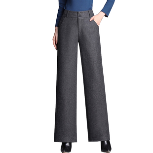 有内衬秋冬厚窄版羊毛呢阔腿裤显瘦宽腿裤高腰直筒裤大码休闲女裤