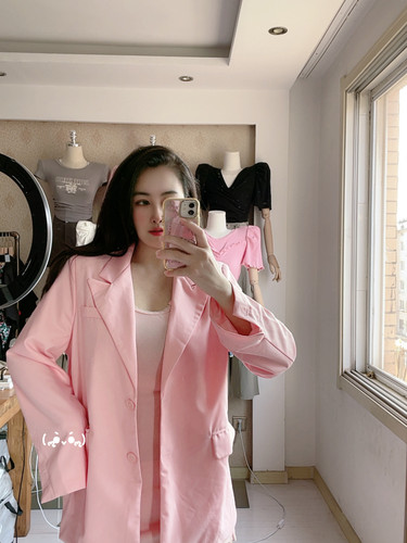 TJ2026秋新款韩国东大门粉色飘带休闲大西服外套宽松个性百搭女