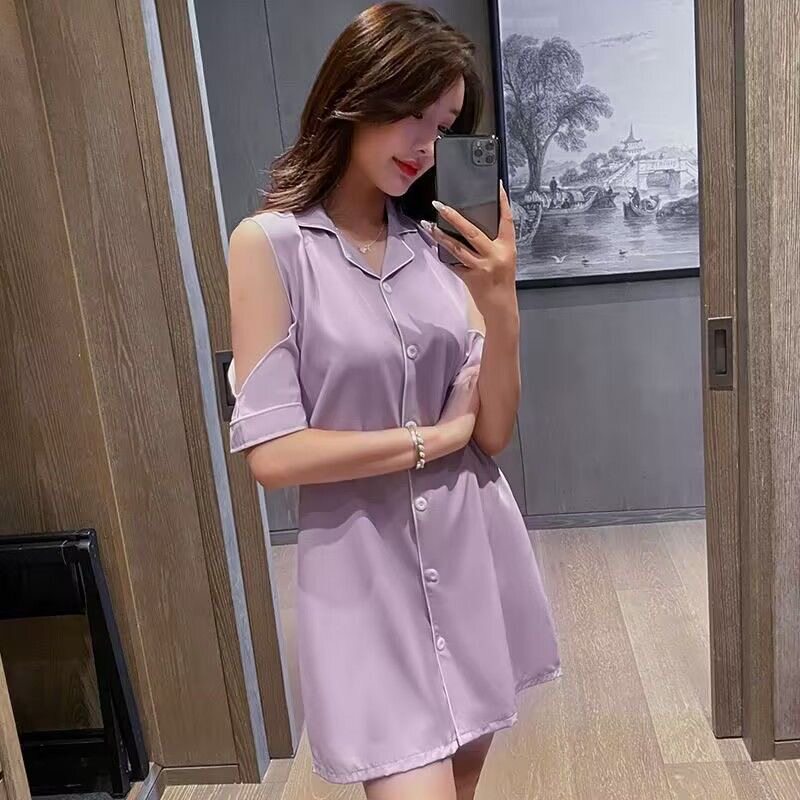 冰丝睡衣女夏新款夏季睡裙性感露肩开衫纯色衬衫裙女款大码家居裙