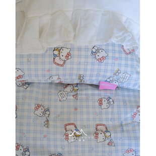 Kitty蓝格蛋糕 纯棉双层纱清新格纹卡通风床上四件套宿舍床单被罩