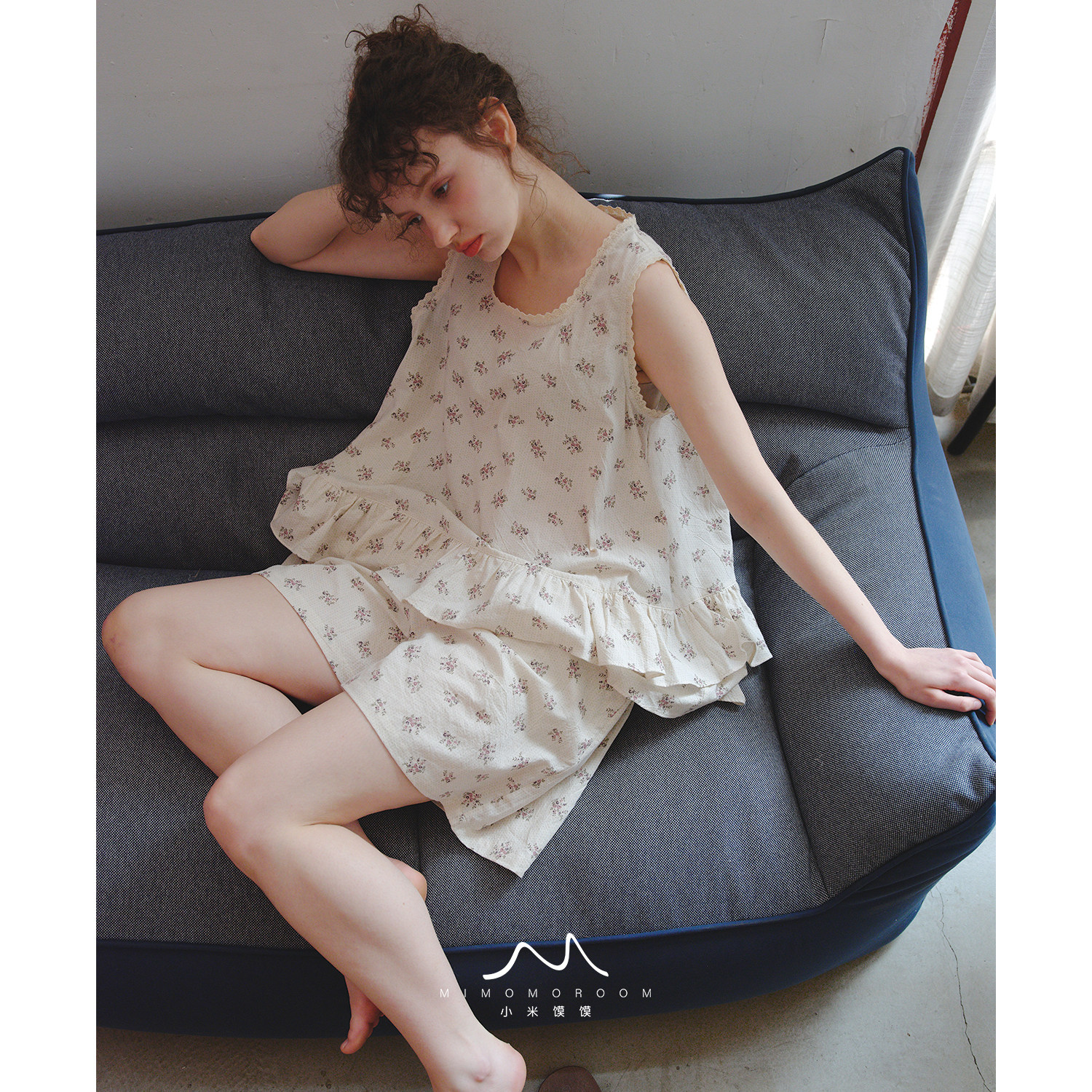 波点碎花无袖背心短裤田园风睡衣女棉麻透气蕾丝家居服夏季可外穿