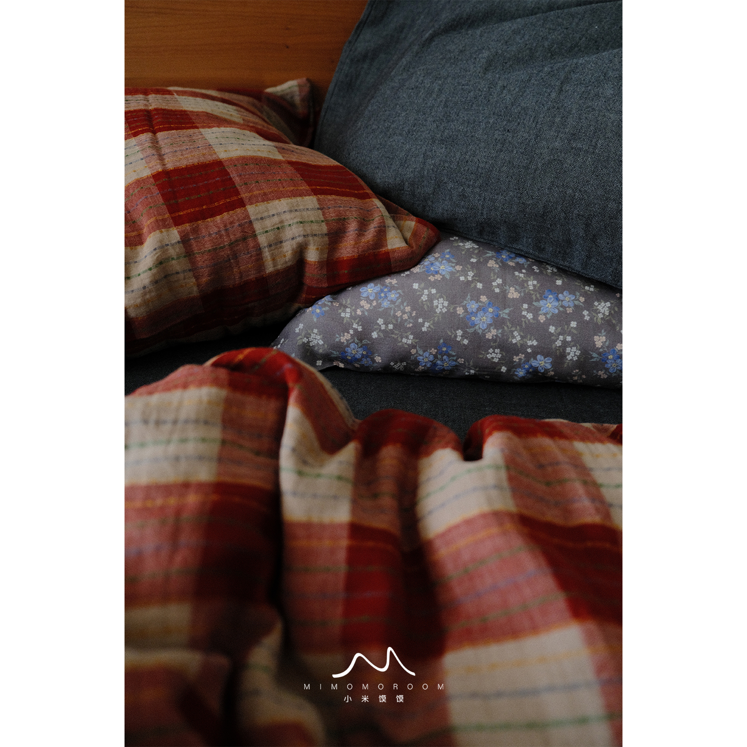 莓茶红格碎花枕套复古色织小提花格纹双层纱套件床品纯棉被套床单