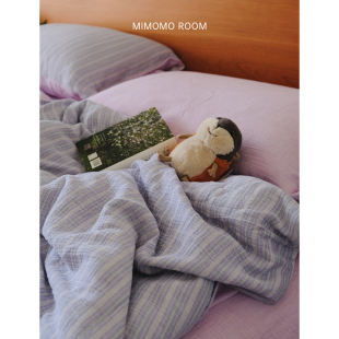 香芋紫条纹 加厚纯棉皱皱纱绑带枕套床笠床单被套ins风卧室四件套