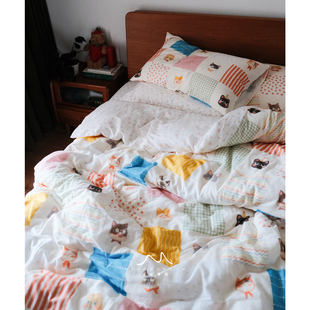原创图案奶糖猫饼·纯棉纱布卡通可爱手绘秋冬被套床单床笠四件套