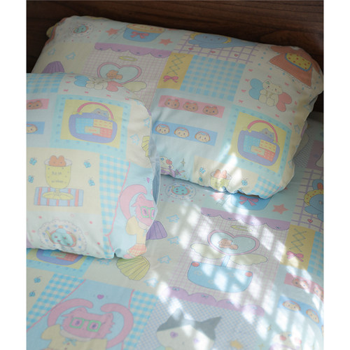 馍馍原创·蓝格眼镜猫可爱卡通拼色奶蓝被套枕套纯棉纱布床单床笠