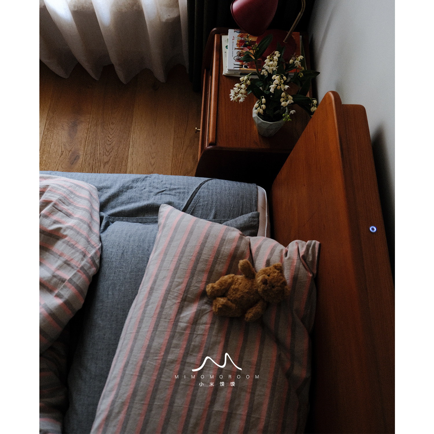 干爽棉麻.复古慵懒撞调灰粉条纹被套四件套1.8m床单床笠卧室床品