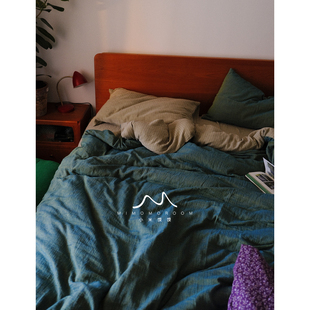 染青色中国绿渐变色色织纯棉提花四件套床品柔软床单床笠被套枕套