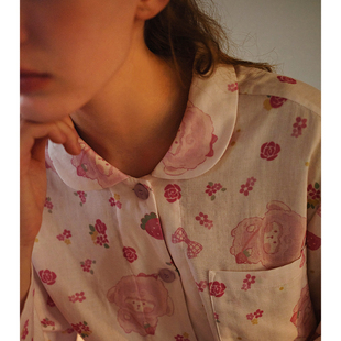 草莓小羊酱·可爱粉色纯棉双层纱长袖长裤短袖睡衣家居服套装春夏