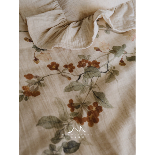 浅素海棠 棉麻碎花复古水彩风被套床单枕套五件套1.8m床品 轻中式