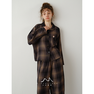 家居服可外穿 长裤 檀木格.复古显瘦棕格纹睡衣套装 女秋冬纯棉长袖