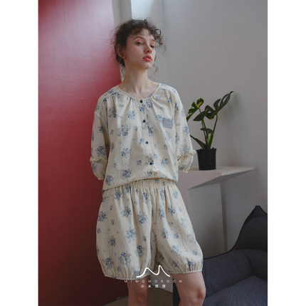 蓝调时刻 | 蓝风花显白清新棉麻睡衣短袖短裤家居服套装夏季新款