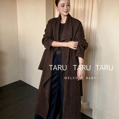 TARU-极简风高级感宽松大翻领风衣(配腰带)(不含包包+项链)10665