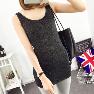 新款亮丝背心百搭中长款吊带纯色银丝针织打底衫夏装闪光内搭女装