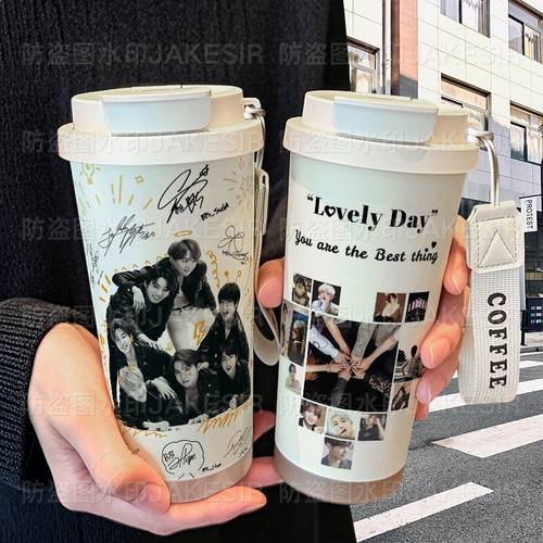 BTS防弹少年团保温杯不锈钢学生高颜值吸管双饮大容量咖啡水杯