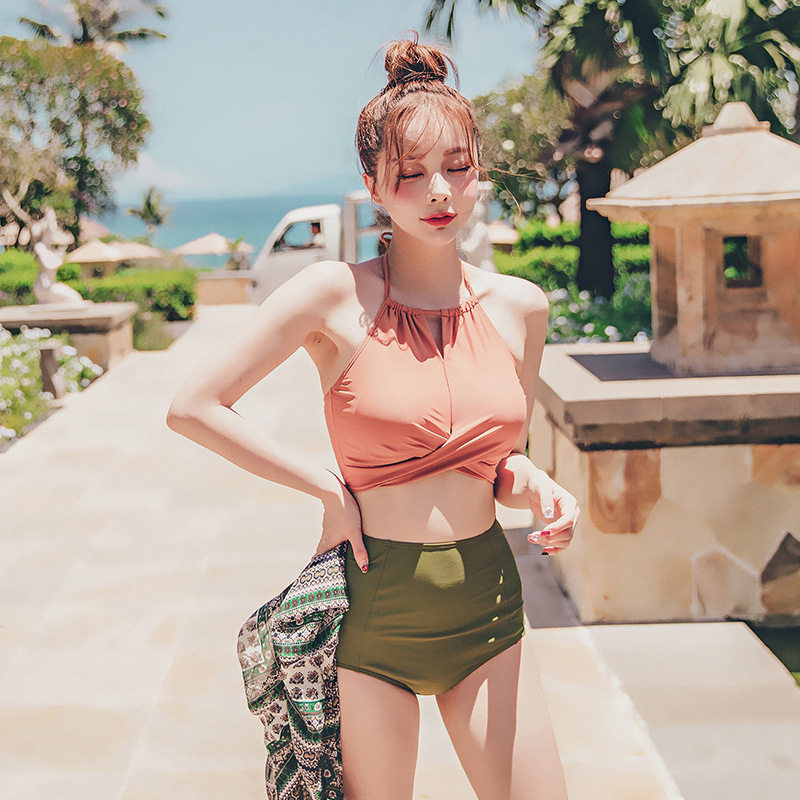 韩版新款性感纯色肚兜高腰遮肚显瘦温泉比基尼大小胸聚拢游泳衣女