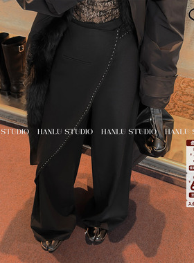 HANLU STUDIO暗黑先锋系列拱针明线工艺不规则高腰直筒羊毛长裤黑