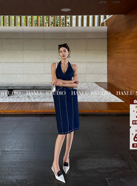 HanLu studio小众原创设计师立体口袋剪裁蓝色牛仔挂脖连衣裙