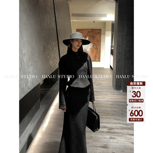 黑色绵羊毛外套女 不规则立裁秋冬收腰短款 HanLu studio原创廓型袖