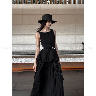 HANLU STUDIOss26立裁收腰显瘦拼接织带花苞伞摆黑色棉麻马甲上衣