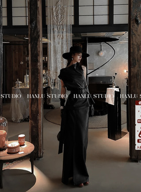 HanLu studio品牌小众设计御姐系不规则设计显瘦直筒黑色半身皮裙