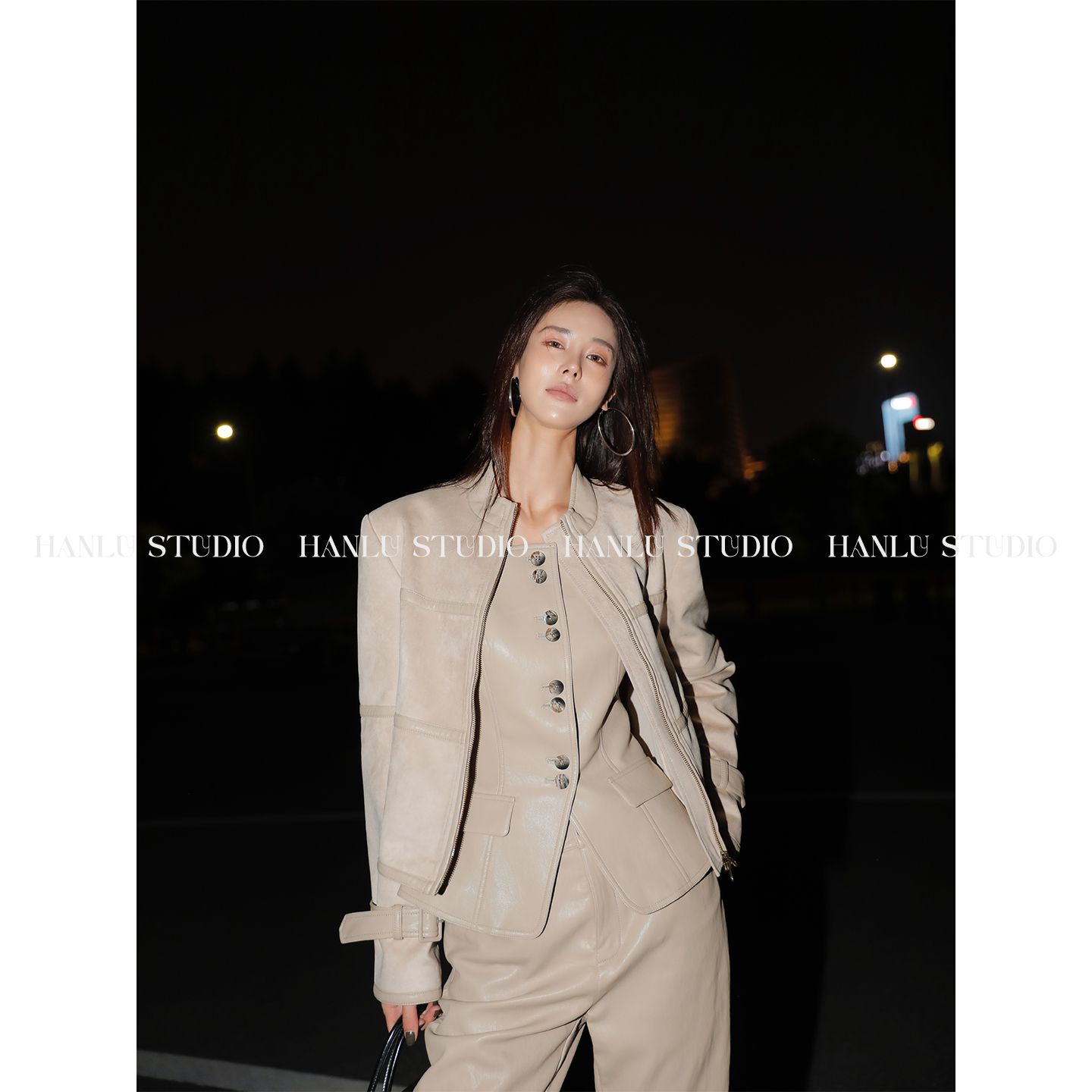 HanLu studio品牌线·高ji时髦精小众设计拼皮麂皮绒短款卡其外套