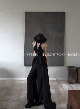 hanlu studio品牌原创小众先锋系列解构黑色长裤双层设计拖尾裙裤
