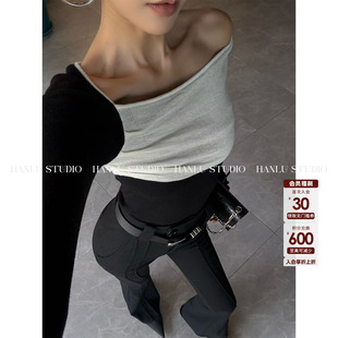 HanLu studio原创小众高知感时髦简约黑白不规则领型羊毛长袖上衣