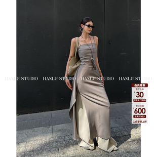 HanLu studio原创小众时髦半围裹系带拉链高腰侧开叉半身裙女