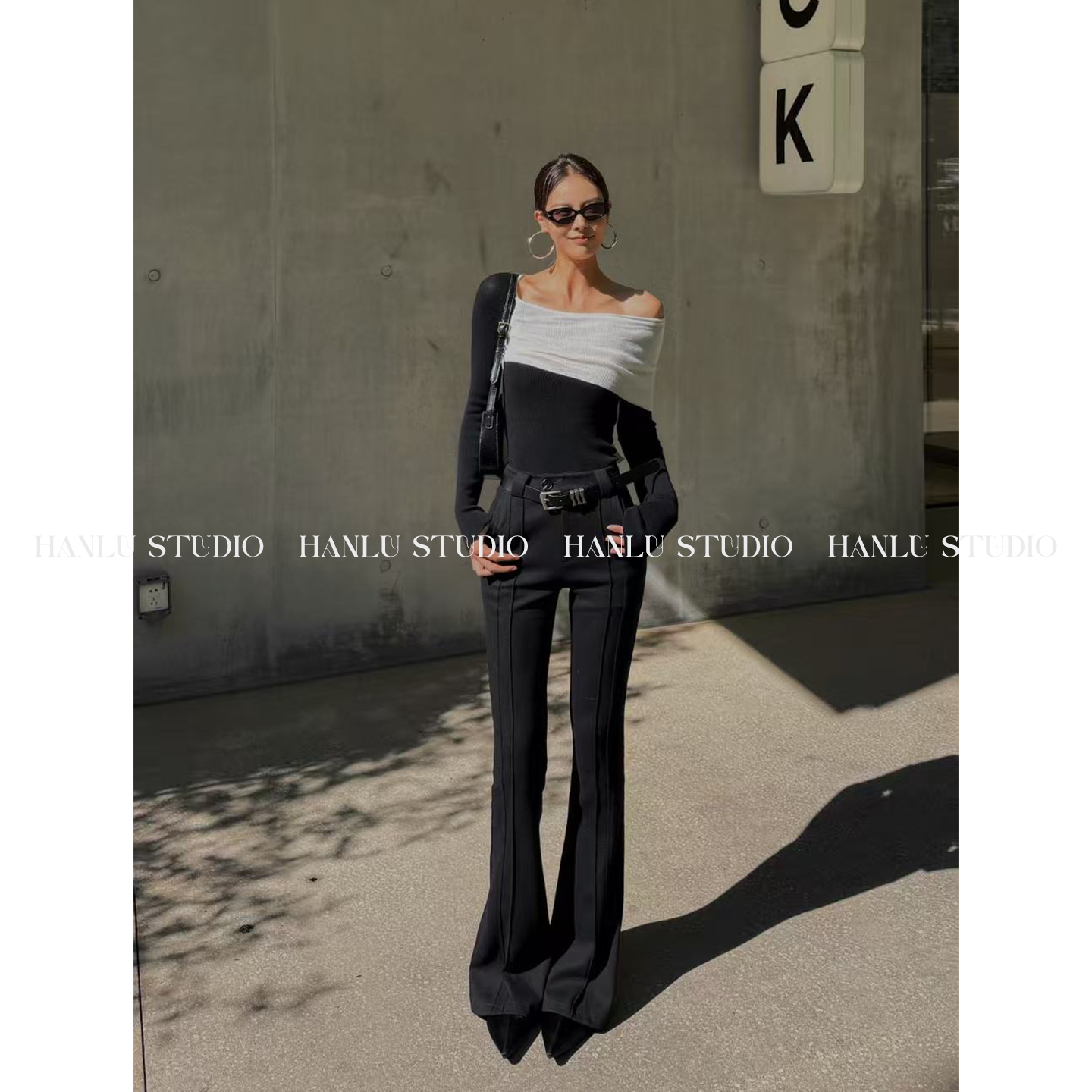 HanLu studio品牌线·小众时髦黑色羊毛高腰呢料显瘦修身微喇长裤