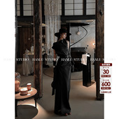 HanLu studio品牌小众设计御姐系不规则设计显瘦直筒黑色半身皮裙