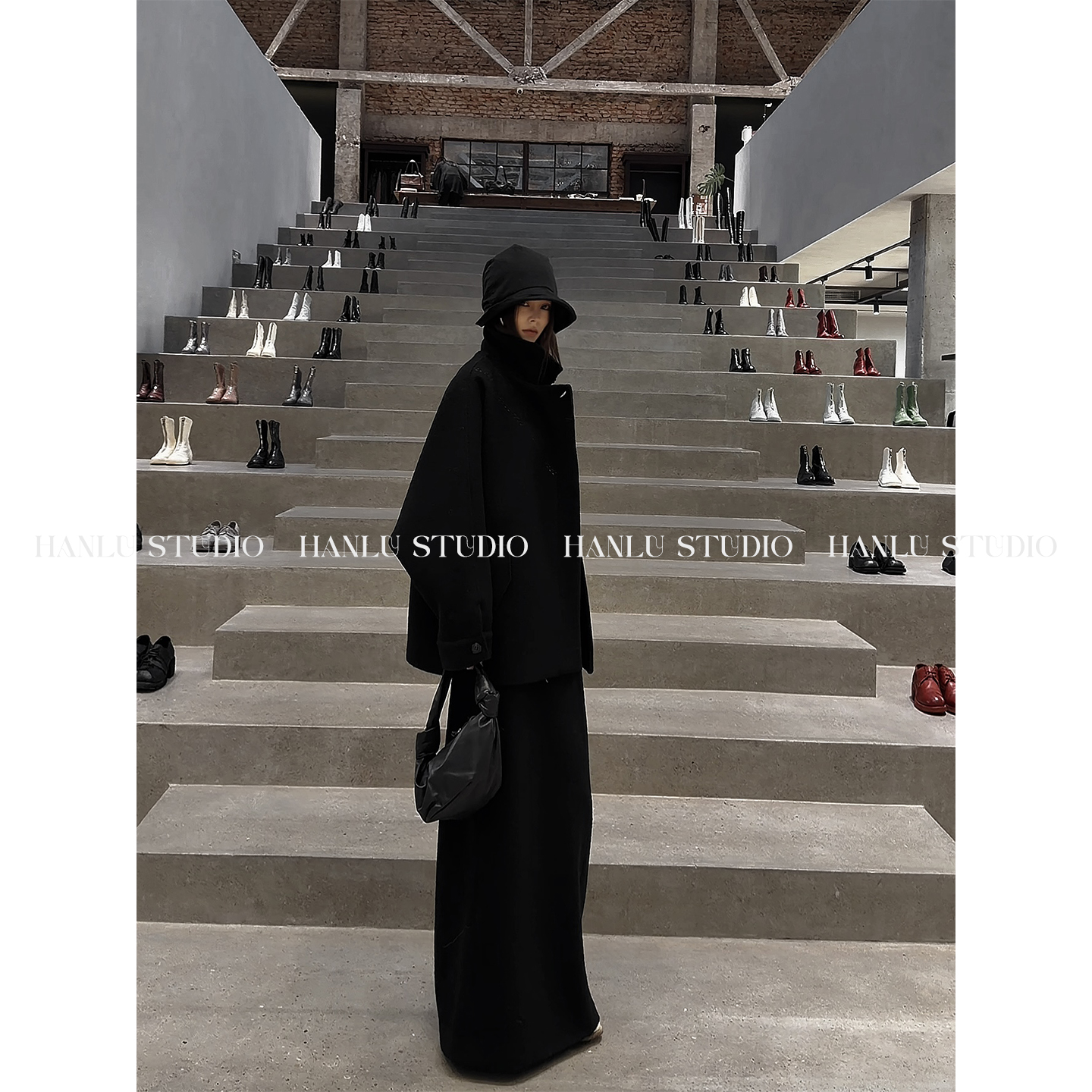 HanLu studio品牌线·小众立裁100绵羊毛拱针明线毛呢半身裙冬