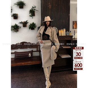 HANLU STUDIO手工坊系列100绵羊毛玛瑙灰双面呢高腰直筒五分裙冬