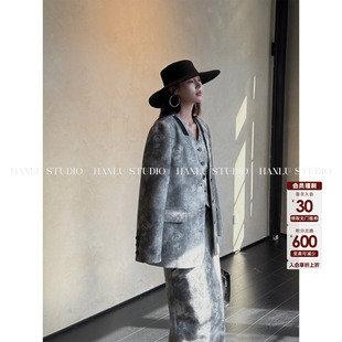 HanLu studio品牌线·小众设计买手特定肌理亚麻晕染立裁无领外套