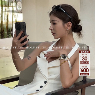 辣妹韩系套装 HanLu 挂脖醋酸天丝套装 时尚 studio复古港风法式