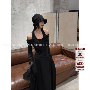 HANLU 上衣黑 STUDIO品牌小众暗黑系蕾丝拼接挂脖圆领收腰打底长袖
