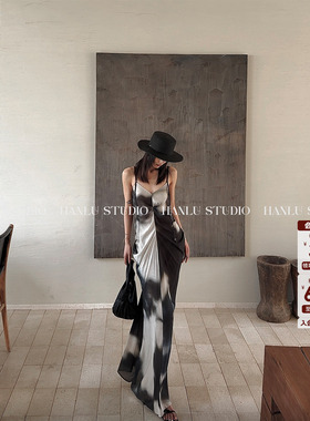 HanLu studio品牌小众解构中古水墨晕染手工编织飘带吊带长连衣裙