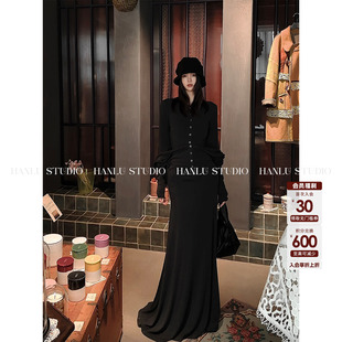 HANLU 收腰连衣裙 STUDIO解构假两件设计双层圆领不规则棉感羊腿袖