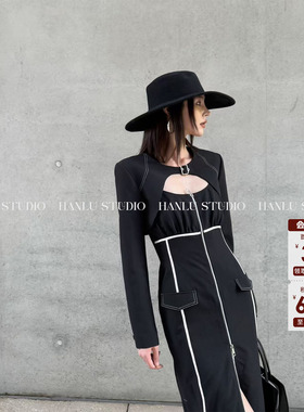 HanLu studio品牌线·小众明线设计短款长袖黑色外套