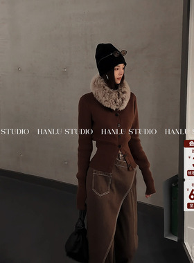 HANLU STUDIO品牌小众原创时髦精枣褐色收腰显瘦翻领羊毛上衣外套
