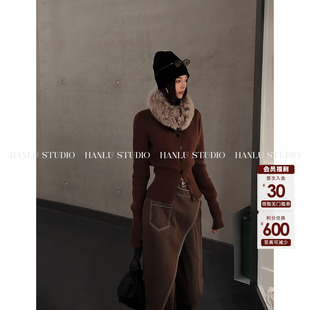 HANLU STUDIO品牌小众原创时髦精枣褐色收腰显瘦翻领羊毛上衣外套
