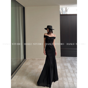 显瘦气质鱼尾半裙黑 小众重工多层造型牛筋压皱修身 HANLU STUDIO