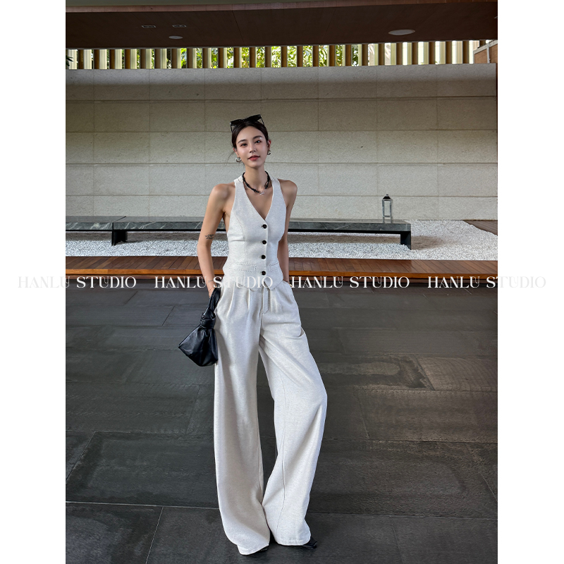 HanLu studio游牧波嬉风高阶老钱风Y型后背肌理麻料长裤套装